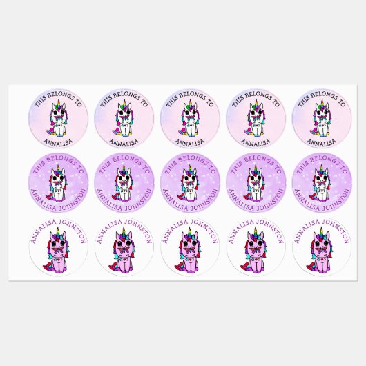 Unicorn Paarse Butterfly School Labels (Vel)