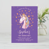 Unicorn Paarse Cute Birthday Uitnodiging (Staand voorkant)