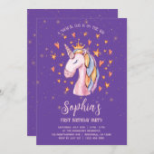 Unicorn Paarse Cute Birthday Uitnodiging (Voorkant / Achterkant)