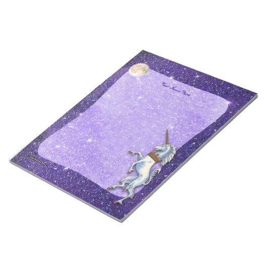 Unicorn Paarse Faux Glitter Border Notitieblok (Schuin)