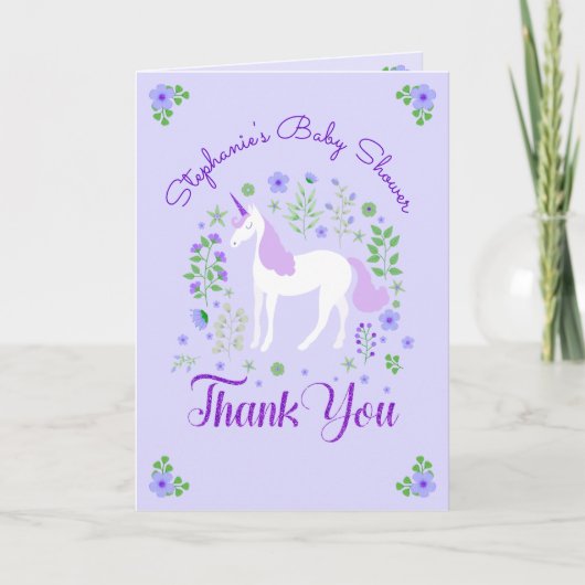 Unicorn Paarse gepersonaliseerde Baby shower dank  Bedankkaart (Voorkant)