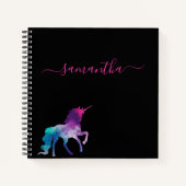 Unicorn paarse roze zwart monogram script notitieboek (Voorkant)