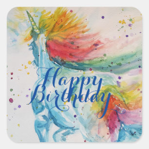 Unicorn Painting Happy Birthday Waterverf Art Vierkante Sticker