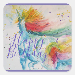 Unicorn Painting Happy Birthday Waterverf Art Vierkante Sticker