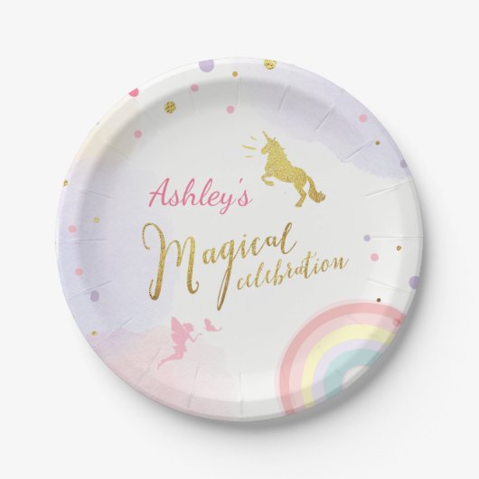 Unicorn Paper Borden Roze Gold Magische Dag Papieren Bordje (Voorkant)