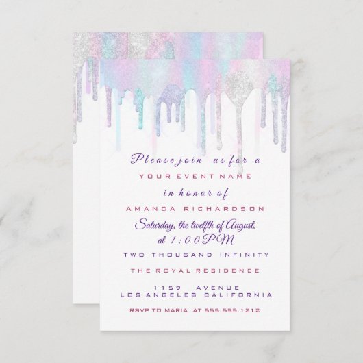 Unicorn Partij 1e 2e Baby Holograaf Roze Paars Kaart (Voorkant / Achterkant)