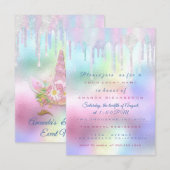 Unicorn Party 1th 2th Baby Holograf Pink Pastel Kaart (Voorkant / Achterkant)