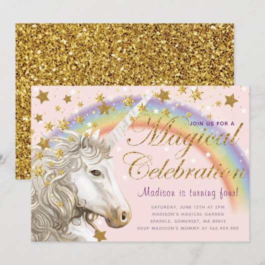 Unicorn Party Gouden magische verjaardag Kaart (Voorkant / Achterkant)