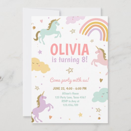 Unicorn Party Magical Rainbow Unicorn Birthday Inv Kaart (Voorkant)
