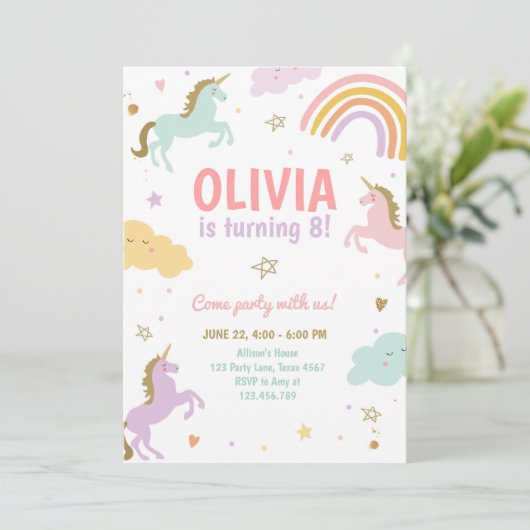 Unicorn Party Magical Rainbow Unicorn Birthday Inv Kaart (Staand voorkant)