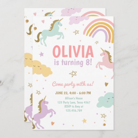 Unicorn Party Magical Rainbow Unicorn Birthday Inv Kaart (Voorkant / Achterkant)