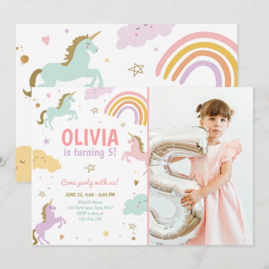 Unicorn Party Magical Rainbow Unicorn Birthday Inv Kaart (Voorkant / Achterkant)