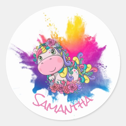 Unicorn Party Paars Yellow Splash Ronde Sticker (Voorkant)