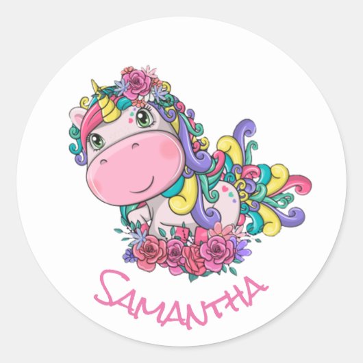 Unicorn Party Paarse Classic Round Sticker (Voorkant)