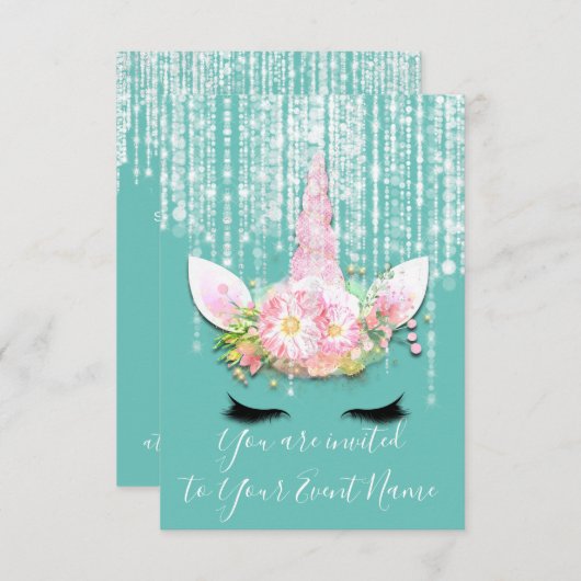 Unicorn Party roze 1th 2th 16th Birthday Party Kaart (Voorkant / Achterkant)