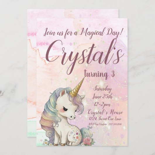 Unicorn Party, Unicorn 3rd Birthday Kaart (Voorkant / Achterkant)