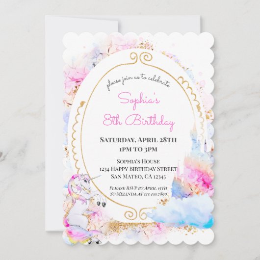 Unicorn Pastel Princess Birthday Party Invitation Kaart (Voorkant)