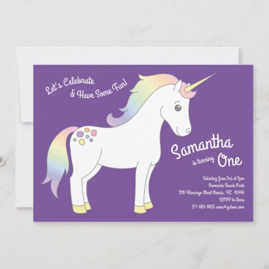 Unicorn Pastel Rainbow 1st Birthday Party Kaart (Voorkant)