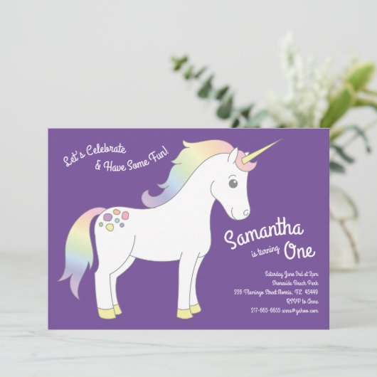 Unicorn Pastel Rainbow 1st Birthday Party Kaart (Staand voorkant)