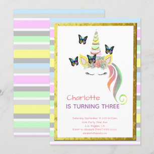 Unicorn Pastel Rainbow Butterflies Gold Birthday Kaart