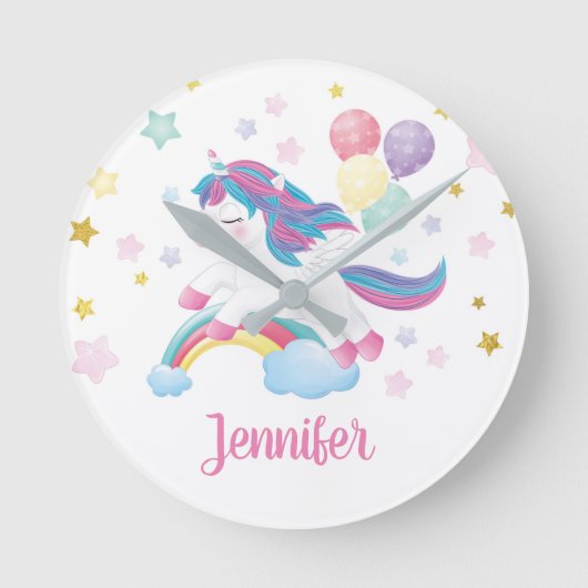 Unicorn Pastel Rainbow Persoonlijke naam Cute Ronde Klok (Voorkant)