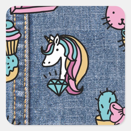 unicorn patches denim vierkante sticker (Voorkant)