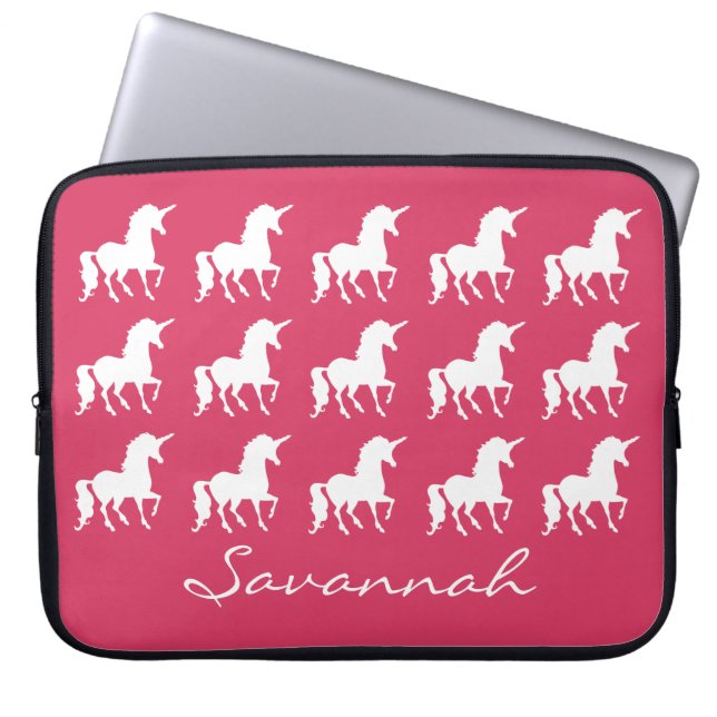 Unicorn Pattern Persoonlijke roze Silhouette Girls Laptop Sleeve (Voorkant)
