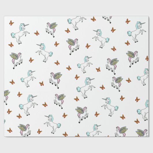 Unicorn Pegasus and Butterflies Wrapping Paper Cadeaupapier (Vlak)
