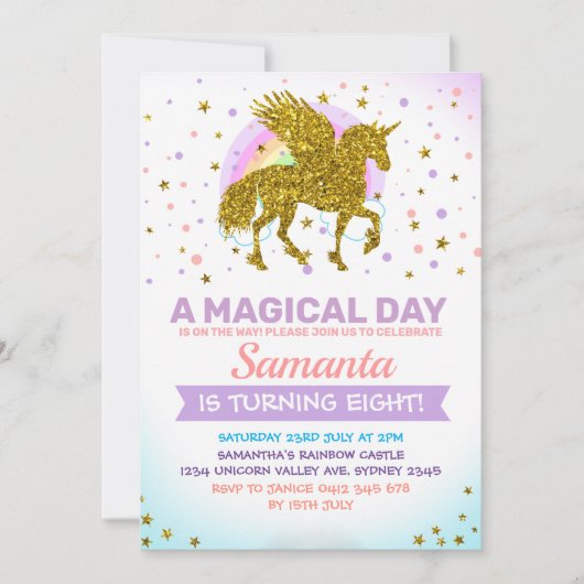 Unicorn Pegasus Gold Invitation Kaart (Voorkant)