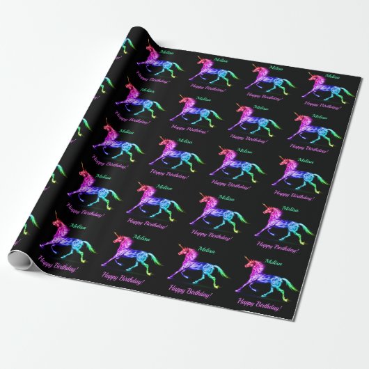 Unicorn personaliseer de naam Happy Birthday Gift Cadeaupapier (Uitgerold)