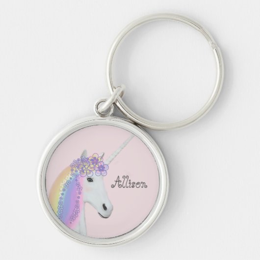 Unicorn Personalized Rainbow Pink Round Sleutelhanger (Voorkant)