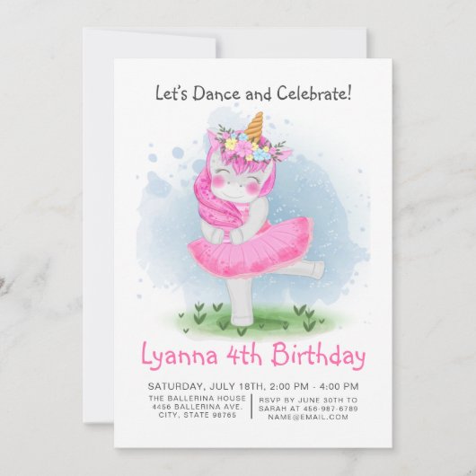 Unicorn Pink Ballerina Waterverf Floral Birthday Kaart (Voorkant)