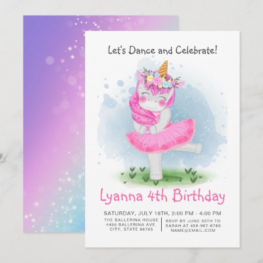 Unicorn Pink Ballerina Waterverf Floral Birthday Kaart (Voorkant / Achterkant)