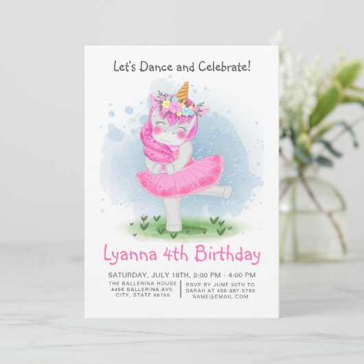 Unicorn Pink Ballerina Waterverf Floral Birthday Kaart (Staand voorkant)