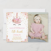 Unicorn Pink Birthday Uitnodigingen met foto (Voorkant)