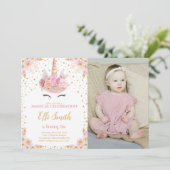 Unicorn Pink Birthday Uitnodigingen met foto (Staand voorkant)