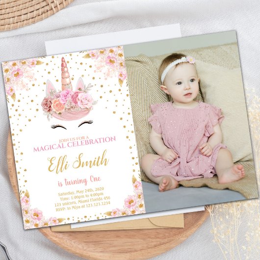 Unicorn Pink Birthday Uitnodigingen met foto