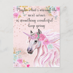 Unicorn Pink Blauwgroen Floral Gold Glitter Quote Briefkaart