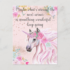 Unicorn Pink Blauwgroen Floral Gold Glitter Quote Briefkaart