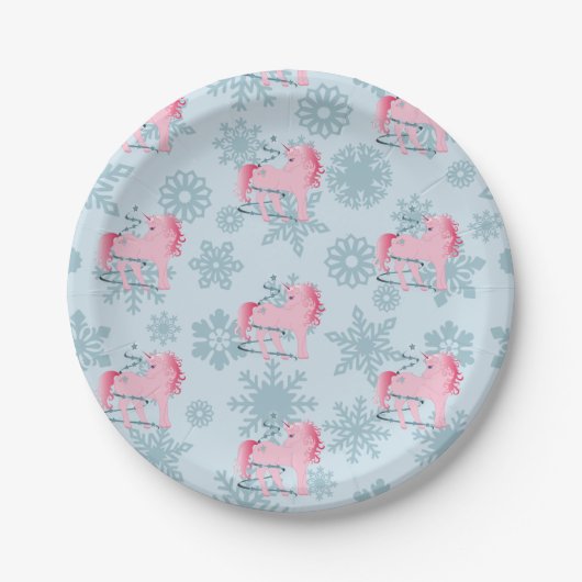 Unicorn Pink Cute Girl Whimsical Snowflakes Papieren Bordje (Voorkant)