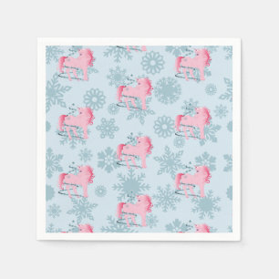 Unicorn Pink Cute Girl Whimsical Snowflakes Servet