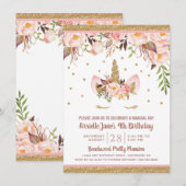 Unicorn Pink en Gold Birthday Party Kaart (Voorkant / Achterkant)