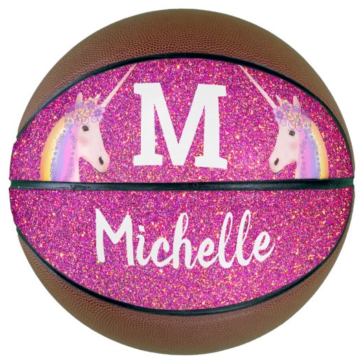 Unicorn Pink Faux Glitter Personalized Girls Basketbal (Voorkant)