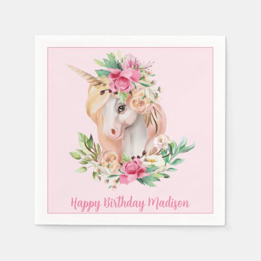 Unicorn Pink Floral Birthday Servet (Voorkant)