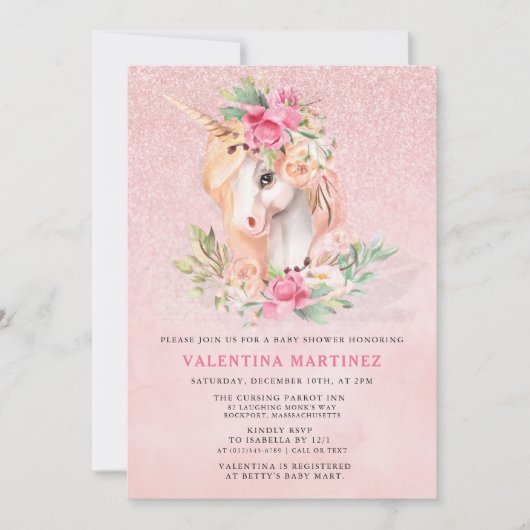 Unicorn Pink Floral Glitter Baby shower Kaart (Voorkant)