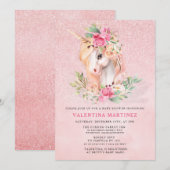 Unicorn Pink Floral Glitter Baby shower Kaart (Voorkant / Achterkant)