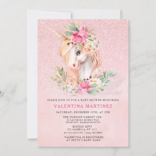 Unicorn Pink Floral Glitter Baby shower Kaart