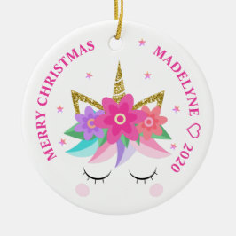 Unicorn Pink Flowers Glitter Persoonlijke naam Keramisch Ornament