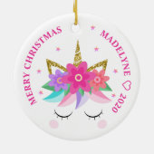 Unicorn Pink Flowers Glitter Persoonlijke naam Keramisch Ornament (Achterkant)