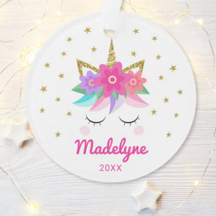 Unicorn Pink Flowers Stars Persoonlijke naam Ornament